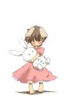  animal_ears barefoot brown_hair bunny_ears carrot child closed_eyes dress eyes_closed inaba_tewi jewelry necklace non_(z-art) short_hair simple_background solo stuffed_animal stuffed_toy tears touhou young 