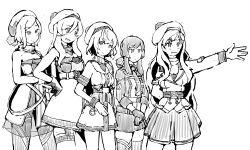  5girls beret commandant_teste_(kancolle) cowboy_shot dress garter_straps gloire_(kancolle) gloves grey_eyes hair_between_eyes hat jean_bart_(kancolle) kantai_collection long_hair military_uniform mogador_(kancolle) monochrome multicolored_hair multiple_girls necktie pom_pom_(cheerleading) richelieu_(kancolle) sailor_dress scarf short_hair sidelocks strapless strapless_dress streaked_hair task_(s_task80) thigh-highs 