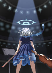  1girl absurdres alternate_costume animal_ears arms_at_sides bird_kim black_choker blue_archive blue_dress blue_halo blue_scarf blurry blurry_background bow_(music) choker commentary dress dual_wielding feet_out_of_frame floating_hair floating_scarf formal from_behind grey_hair halo highres holding holding_bow_(music) holding_instrument holding_violin indoors instrument medium_hair scarf shiroko_(blue_archive) short_sleeves solo spotlight standing violin wolf_ears 
