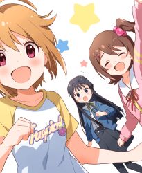  3girls ^_^ absurdres ahoge black_hair black_pantyhose black_skirt blue_eyes blue_jacket blush breasts brown_hair buchi_(y0u0ri_) closed_eyes collarbone dot_nose flying_sweatdrops green_ribbon hair_between_eyes hair_ornament hairclip highres ibuki_tsubasa idolmaster idolmaster_million_live! idolmaster_million_live!_theater_days jacket kasuga_mirai large_breasts long_hair long_sleeves looking_at_viewer medium_breasts mogami_shizuka multiple_girls neck_ribbon one_side_up open_mouth pantyhose pink_shirt print_shirt red_eyes red_ribbon ribbon shirt short_hair short_sleeves skirt small_breasts smile star_symbol_background text_print two-tone_shirt white_background white_shirt yellow_shirt 