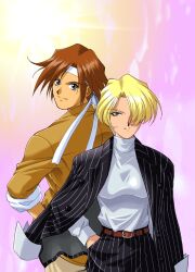  1990s_(style) 2girls abstract_background alternate_costume belt belt_buckle black_collar black_footwear black_jacket black_sleeves black_suit blonde_hair blue_eyes bow breasts brown_belt brown_collar brown_jacket brown_pants buckle buttons closed_mouth collar collared_shirt collared_suit formal gradient_background hair_intakes hair_over_one_eye headband height_difference jacket jacket_on_shoulders kirishima_kanna light_brown_hair light_smile long_sleeves looking_at_viewer maria_tachibana mature_female medium_breasts multiple_girls narrow_waist narrowed_eyes non-web_source official_alternate_costume official_art open_clothes open_jacket pant_suit pants parted_lips pinstripe_collar pinstripe_pants pinstripe_pattern pinstripe_sleeves pinstripe_suit retro_artstyle sakura_taisen sega shirt short_hair simple_background skinny sleeve_cuffs sleeves_rolled_up smile striped_clothes striped_collar striped_pants suit sweater tsurime turtleneck turtleneck_sweater vertical-striped_clothes vertical-striped_pants vertical-striped_sleeves vertical-striped_suit violet_eyes weapon white_collar white_headband white_sleeve_cuffs white_stripes yamaguchi_yasushi 