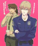  barnaby_brooks_jr belt_pouch blonde_hair brown_eyes brown_hair coffee crossed_arms facial_hair finger_licking glasses green_eyes highres kaburagi_t_kotetsu licking multiple_boys necktie police police_uniform rwk stubble tiger_&amp;_bunny uniform 