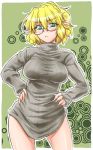  bespectacled blonde_hair bottomless breasts glasses green_eyes hands_on_hips highres mizuhashi_parsee naked_sweater no_pants ootsuki_wataru pointy_ears ribbed_sweater short_hair solo sweater touhou 