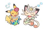  clothed_pokemon dancing fangs flower grin hair_flower hair_ornament hula instrument lei meowth musical_note no_humans oda_takashi open_mouth pikachu pokemon pokemon_(anime) pokemon_(creature) sarong sitting smile ukulele white_background 