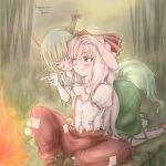  &gt;_&lt; :d ;) all_fours aosiro-michi bamboo bamboo_forest blush boots campfire cheek-to-cheek cheek_to_cheek cup drinking drunk ex-keine fire fog forest fujiwara_no_mokou grass green_hair grey_hair grin hand_on_head horns kamishirasawa_keine long_dress multiple_girls nature navel on_floor open_mouth outdoors pants reeds shirt sitting smile suspenders swamp tail touhou wink xd 