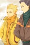  black_hair blonde_hair breath casual coat fate/zero fate_(series) gilgamesh hair_slicked_back hands_in_pockets highres hongmao lancer_(fate/zero) male multiple_boys short_hair sweater typo winter_clothes yellow_eyes 