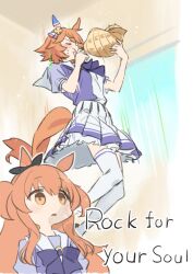  2girls animal_ears blurry blurry_background breasts collarbone commentary_request empty_eyes english_text highres horse_girl long_hair matikanefukukitaru_(umamusume) mayano_top_gun_(umamusume) medium_breasts medium_hair meme multiple_girls parody school_uniform seashell shell starheart sweat tracen_school_uniform umamusume window 