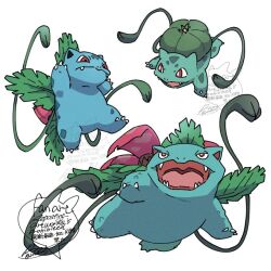  bright_pupils bulbasaur claws commentary evolutionary_line fangs fangs_out ivysaur no_humans open_mouth plant pokemon pokemon_(creature) red_eyes sagemaru-br tongue venusaur vines white_background white_pupils 