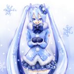  2_abrage blue_eyes blue_hair bow earmuffs hatsune_miku headset long_hair mittens open_mouth skirt snow snowflakes solo twintails very_long_hair vocaloid yuki_miku 