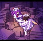  book bow breasts crescent hair_bow hat letterboxed long_hair lying nekomamire on_back patchouli_knowledge purple_eyes purple_hair reading rough solo touhou violet_eyes 