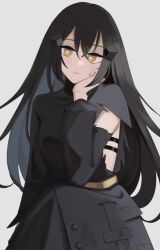  1girl absurdres black_dress black_hair dandelion_(girls'_frontline) dress girls_frontline highres hinami047 long_hair looking_at_viewer parted_lips simple_background solo straight-on torn_clothes torn_dress white_background yellow_eyes 