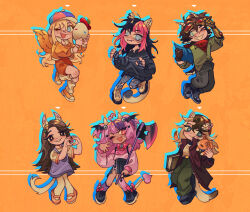  1boy 5girls absurdres animal_ears animal_on_shoulder animate_object axe baghera_jones bell bird_girl bird_wings black_hair blonde_hair blue_eyes bow bowtie brown_hair carrot_hair_ornament cat cat_ears cat_girl cat_tail commentary creature cyani07 deformed demon_girl demon_horns demon_tail duck_girl egg english_commentary flower food-themed_hair_ornament goat_boy goat_ears goat_horns goat_tail goggles goggles_on_head hair_flower hair_ornament highres holding holding_axe holding_creature horns ironmouse ironmouse_(1st_costume) jingle_bell long_hair merchandise_available minecraft_youtube multicolored_hair multiple_girls neckerchief nihachu oibagi one_eye_closed orange_cat overall_skirt pink_hair pomme_(quackity_smp) propeller_hat purple_hair purple_skirt quackity_smp red_eyes red_neckerchief short_hair skirt streaked_hair sweater tail tinakitten tubbo two-tone_hair two_side_up very_long_hair virtual_youtuber vshojo wings yellow_wings zeno_(quackity_smp) 