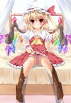  ascot barefoot bed blonde_hair blush bow chocolate chocolate_clothes flandre_scarlet food_as_clothes fujieda_uzuki gift hat highres panties pantyshot red_eyes short_hair side_ponytail sitting skirt skirt_lift smile solo striped striped_panties the_embodiment_of_scarlet_devil touhou underwear wings wrist_cuffs 