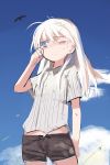  bird blue_eyes commentary frown hanna-justina_marseille long_hair lowres scratch shimada_fumikane shorts solo strike_witches tears white_hair wink wiping_tears young 