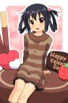  alternate_costume alternate_hairstyle black_hair blush brown_dress brown_eye brown_eyes chocolate dress food fruit hair_rings happy_valentine heart highres k-on! k10k long_hair nakano_azusa open_mouth sitting solo strawberry twintails valentine 