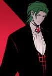  alternate_costume alternate_hairstyle broad_shoulders chikage_(kinokodou) cravat formal genderswap green_hair kazami_yuuka male parted_lips profile red_eyes short_hair simple_background smirk solo suit touhou youkai 