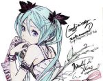  1girl aqua_hair arm_garter bare_shoulders blue_eyes bracelet dress drink from_behind hair_ornament hair_ribbon hairclip hatsune_miku jewelry looking_back mouth_hold redjuice ribbon sipping sleeveless sleeveless_dress solo straw twintails vocaloid world_is_mine_(vocaloid) 