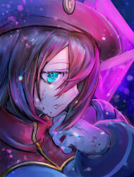  1girl android blue_eyes brown_hair close-up crystal dark_background glowing glowing_eyes hat highres iris_(mega_man) kiwakiwa long_hair mega_man_(series) mega_man_x4 mega_man_x_(series) red_hat solo 