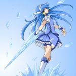  aoki_reika blue blue_background blue_dress blue_eyes blue_hair cure_beauty dress ice ice_sword long_hair magical_girl precure shorts_under_skirt skirt smile_precure! solo uraki 
