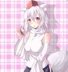  animal_ears bare_shoulders blush breasts detached_sleeves hat highres impossible_clothes inubashiri_momiji nicoby open_mouth short_hair silver_hair skirt solo tail tokin_hat touhou wolf_ears wolf_tail 