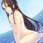  bare_shoulders bikini blue_sky breasts brown_eyes brown_hair cleavage dutch_angle kazuyu-c long_hair looking_at_viewer original partially_submerged seiza sitting sky solo swimsuit water white_bikini 