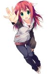  :d arm_up collarbone gradient_hair green_eyes hand_gesture hand_on_thigh hoodie kuwashima_rein leaning_forward long_hair long_sleeves multicolored_hair open_\m/ open_mouth original pants pink_hair pure_(zenryaku_yome_atarimashita) shoes simple_background sleeves_past_wrists smile sneakers solo white_background zenryaku_yome_atarimashita 