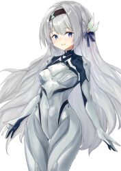  1girl black_hairband bodysuit commentary english_commentary firefly_(honkai:_star_rail) hair_ornament hairband highres honkai:_star_rail honkai_(series) long_hair looking_at_viewer mg42cat-k1ng pilot_suit simple_background smile solo teeth upper_teeth_only white_background white_bodysuit white_hair 