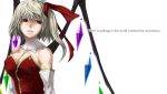  adult alternate_costume bare_shoulders blonde_hair breasts cleavage detached_collar dress elbow_gloves english fang flandre_scarlet gloves hat muchakushoku parted_lips red_dress red_eyes red_ribbon ribbon side_ponytail simple_background solo text the_embodiment_of_scarlet_devil touhou white_background white_gloves wings 
