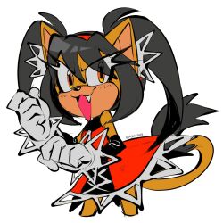  1girl animal_ears black_hair cat_ears cat_girl cat_tail cropped_legs dress fang furry furry_female gloves honey_the_cat long_hair looking_at_viewer open_mouth paw_pose pontiikii red_dress simple_background smile solo sonic_(series) sonic_the_fighters sonic_the_hedgehog_(classic) tail twintails white_background white_gloves yellow_eyes 