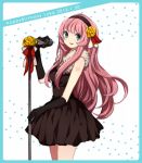 bare_shoulders black_dress black_gloves blue_eyes border dress elbow_gloves flower fur gloves hair_flower hair_ornament hairband happy_birthday long_hair looking_at_viewer megurine_luka microphone microphone_stand monaco_(rmn02) pink_hair rose sleeveless sleeveless_dress smile solo tattoo text vocaloid yellow_rose 