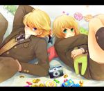  1girl black_legwear blonde_hair blue_eyes camera candy green_eyes huang_baoling ivan_karelin kneehighs lollipop marumaru22 necktie robot school_uniform short_hair shuriken stuffed_animal stuffed_bunny stuffed_tiger stuffed_toy tiger_&amp;_bunny toy_robot 