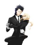  1girl ahoge blonde_hair dancing fate/zero fate_(series) formal gloves green_eyes hand_holding highres holding_hands lancer_(fate/zero) long_hair mole pant_suit ponytail saber signature stu_dts suit tuxedo white_gloves wink yellow_eyes 