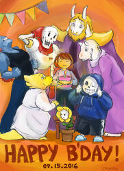 1other 2016 2d alphys ambiguous_gender anniversary anthro asgore_dreemurr beard birthday birthday_cake black_eyepatch black_pants blonde_hair blue_jacket blue_pants blue_shirt blue_shorts blue_skin brothers brown_hair cake candle chair child clenched_hands dated digital_media dinosaur dinosaur_girl ear_fins english_text everyone eyepatch facial_hair female fins fish fish_girl floppy_ears flower flowey_(undertale) food frisk_(undertale) full_body fur furry furry_female furry_male glasses gloves goat goat_boy goat_ears goat_girl goat_horns group hair happy_birthday head_fins holding holding_cake holding_food hood hood_up horns human humanoid jacket leaning_back lizard lizard_girl lizard_tail long_hair male mammal monster monster_boy monster_girl one_eye_closed orange_background pants papyrus_(undertale) pastry plant plant_pot red_gloves reptile reptile_girl reptile_tail sans_(undertale) scalie short_hair shorts siblings simple_background skeleton standing standing_on_chair stool striped_shirt tail text toriel undead undertale undyne utdr_(toby_fox) white_fur white_horns yellow_flower zhamka