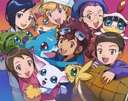 armadillo armadimon bird blonde_hair body_fur brown_eyes brown_hair bug cat digimon digimon_adventure_02 everyone goggles goggles_on_head green_eyes group_picture hawkmon head_wings hida_iori highres ichijouji_ken inoue_miyako long_hair motomiya_daisuke open_mouth patamon purple_hair screenshot_redraw short_hair smile tailmon takaishi_takeru teeth upper_teeth_only v-mon white_fur wings wormmon yagami_hikari yue_da02ren