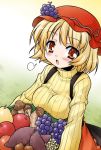  aki_minoriko akou_roushi apple blonde_hair blush breast_rest breasts food fruit grapes hat impossible_clothes impossible_sweater mushroom red_eyes revision ribbed_sweater short_hair solo sweater touhou 