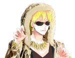  blonde_hair bracelet casual earrings fate/stay_night fate_(series) gilgamesh hood jewelry leopard_print male necklace paw_pose red_eyes saifu_(sisutakh) short_hair solo sunglasses white_background 