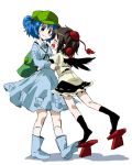  ^_^ backpack bag blue_eyes blue_hair brown_hair child closed_eyes eyes_closed full_body geta hat hug kawashiro_nitori key multiple_girls open_mouth randoseru shameimaru_aya short_hair short_twintails skirt smile tokin_hat touhou twintails two_side_up unya wings young 