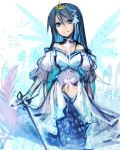  alternate_hairstyle bare_shoulders blue_eyes blue_hair choker crown goddess long_hair mahou_shoujo_madoka_magica mermaid midriff miki_sayaka monster_girl musical_note sketch sword weapon wings 