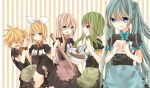  4girls apron aqua_eyes aqua_hair bdsm blonde_hair bondage bound_wrists bowl bowtie carrying closed_eyes crossdressinging eyes_closed green_eyes green_hair grin gumi hair_ornament hair_ribbon hairclip hatsune_miku highres kagamine_len kagamine_rin long_hair megurine_luka multiple_girls noa_zatsuri open_mouth pink_hair ribbon short_hair skirt smile striped striped_background thigh-highs thighhighs trap twintails very_long_hair vocaloid yellow_eyes 