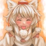  &gt;:( :p animal_ears blush bukimi_isan bust closed_eyes detached_sleeves eyebrows eyes_closed face hat highres hime_eyebrows inubashiri_momiji looking_at_viewer messy_hair pom_pom_(clothes) solo tearing_up tears thick_eyebrows tokin_hat tongue tongue_out touhou vest white_hair wolf_ears 