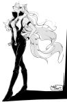  bodysuit boots breasts character_name furry genderswap greyscale hand_on_hip highres hips mitsuki_(mitsukitei) monochrome precure smile smile_precure! solo werewolf white_background wolfrun 