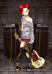  bass_guitar black_legwear cable collar cord earrings engrish fender_jazz_bass head_tilt highres instrument jewelry loose_thighhigh maeda_risou mouth_hold off_shoulder original punk ranguage red_eyes red_hair redhead shoes short_hair skirt sneakers standing star tattoo thigh-highs thighhighs 