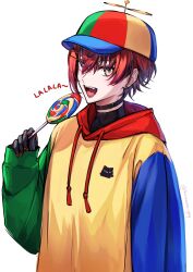  1boy :d absurdres artist_name baseball_cap black_choker black_gloves blue_eyes blue_sleeves candy choker commentary drawstring earrings english_commentary eyes_visible_through_hair fangs food gloves green_sleeves hair_between_eyes hair_ornament hairclip hat highres holding holding_candy holding_food holding_lollipop holostars holostars_english hood hood_down hoodie jewelry kumaaa_yay lollipop long_sleeves looking_at_viewer machina_x_flayon male_focus multicolored_eyes multicolored_hat open_mouth pink_eyes propeller_hat raglan_sleeves redhead short_hair simple_background smile solo swirl_lollipop twitter_username two-tone_eyes upper_body virtual_youtuber white_background x_hair_ornament yellow_hoodie 