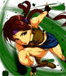  belt braid breasts brown_eyes brown_hair denim_skirt fighting_stance fingerless_gloves gloves headband highres julia_chang midriff miniskirt muscle namco native_american navel panties pleasure-treasure single_braid skirt tekken tekken_3 underwear 