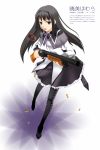  bad_id black_hair explosive grenade gun hairband highres long_hair mahou_shoujo_madoka_magica pantyhose purple_eyes ribbon shotgun violet_eyes weapon yes_warabi 