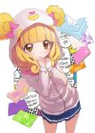  blonde_hair bow brown_eyes cameo candy_(smile_precure!) candy_(smile_precure!)_(cosplay) cure_blue_(aoryu) cure_happy highres hoodie hoshizora_miyuki kise_yayoi precure ribbon short_hair shy sketchbook skirt smile_precure! solo 