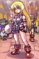  2girls alexandrian_soldier armor blonde_hair blue_eyes boots breastplate breasts final_fantasy final_fantasy_ix full_body gauntlets gloves green_leotard helmet holding holding_shield leotard long_hair multiple_girls oomasa_teikoku open_mouth shield standing 
