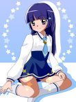  aoki_reika blue_eyes blue_hair dress hair_ornament hairclip long_hair oota_(monokuro--02) precure school_uniform sitting smile smile_precure! solo 