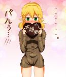  blonde_hair blush bottomless chocolate green_eyes kirishima_(artist) kirishima_risei mizuhashi_parsee naked_sweater no_pants pointy_ears ribbed_sweater short_hair solo sweater touhou translated 