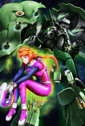  1girl absurdres beam_cannon bodysuit boots cable commentary_request energy funnels_(gundam) gloves glowing gundam gundam_unicorn helmet highres holding holding_helmet kshatriya looking_at_viewer machinery marida_cruz mecha mobile_armor mobile_suit nebula neo_zeon one-eyed orange_hair pilot_suit ponytail robot sitting smirk soichi_nagayuki space space_helmet spacesuit star_(sky) thrusters violet_eyes 